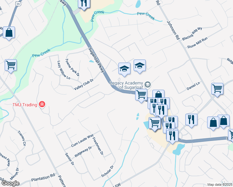 map of restaurants, bars, coffee shops, grocery stores, and more near 1504 Longmont Drive in Lawrenceville