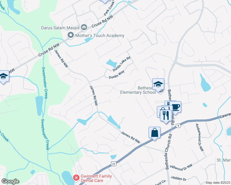 map of restaurants, bars, coffee shops, grocery stores, and more near 3090 Windwood Trail in Lawrenceville
