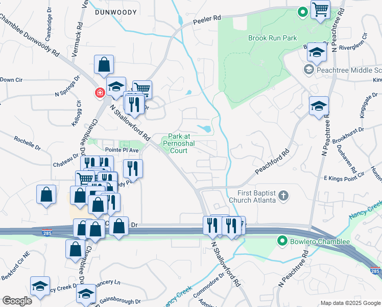 map of restaurants, bars, coffee shops, grocery stores, and more near 4505 Caroline Walk in Dunwoody