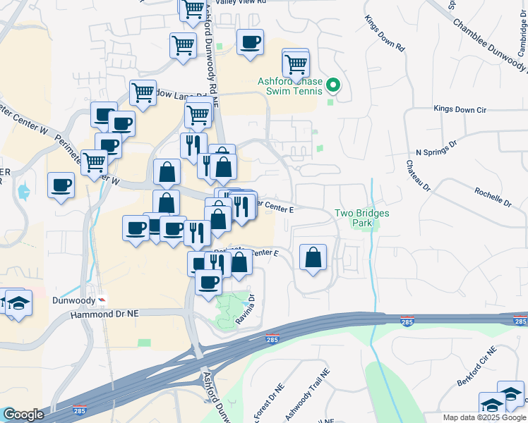 map of restaurants, bars, coffee shops, grocery stores, and more near 11 Perimeter Center East in Atlanta