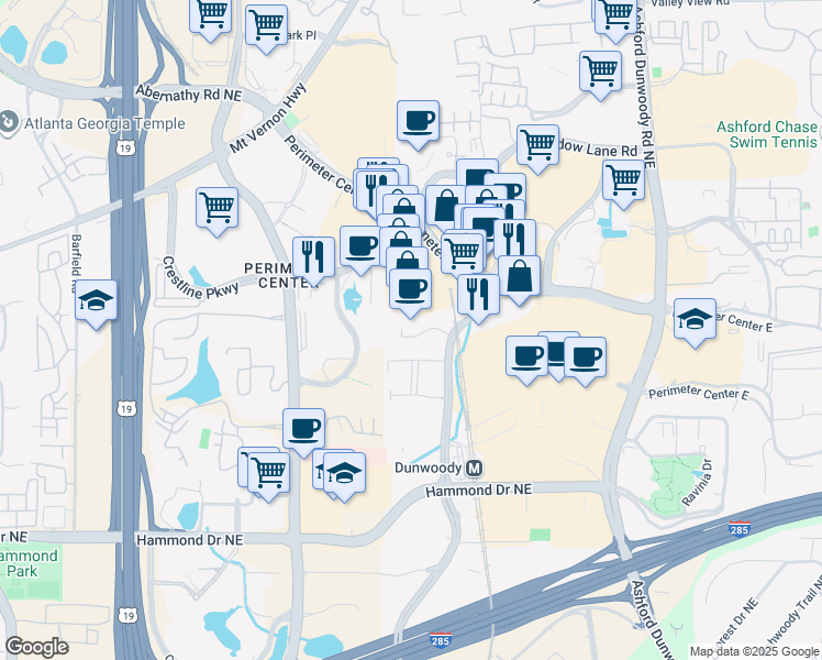 map of restaurants, bars, coffee shops, grocery stores, and more near 211 Perimeter Center Pkwy NE in Dunwoody