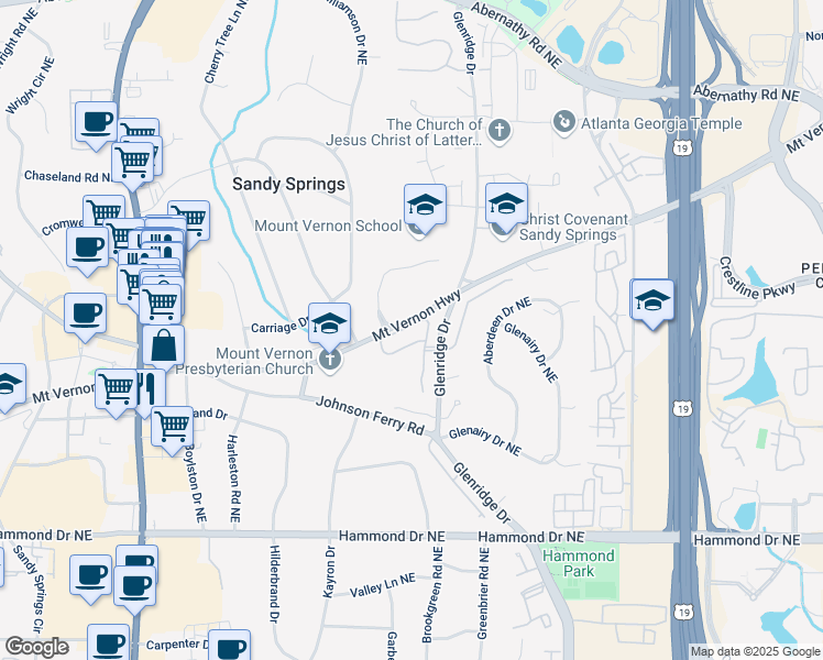 map of restaurants, bars, coffee shops, grocery stores, and more near 6355 Glen Oaks Lane Northeast in Atlanta