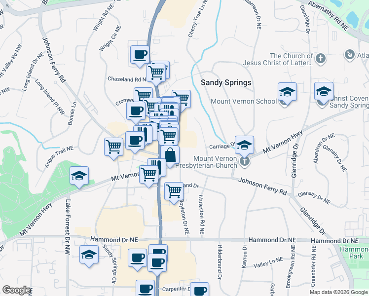 map of restaurants, bars, coffee shops, grocery stores, and more near 300 Johnson Ferry Road in Atlanta
