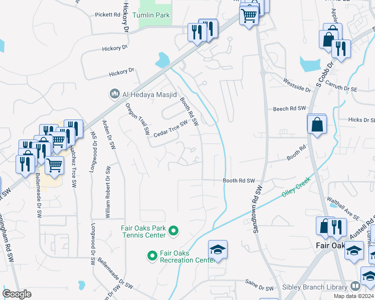 map of restaurants, bars, coffee shops, grocery stores, and more near 578 Summit Lane Southwest in Marietta