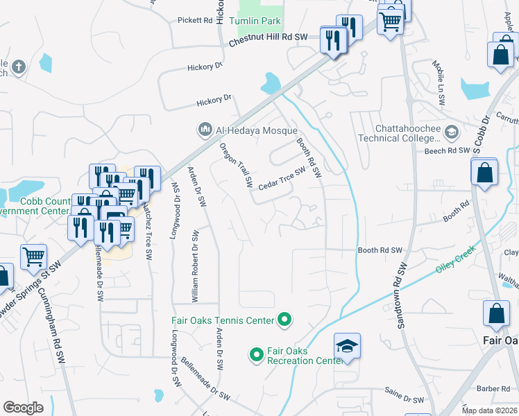 map of restaurants, bars, coffee shops, grocery stores, and more near 1142 Cayman Lane Southwest in Marietta