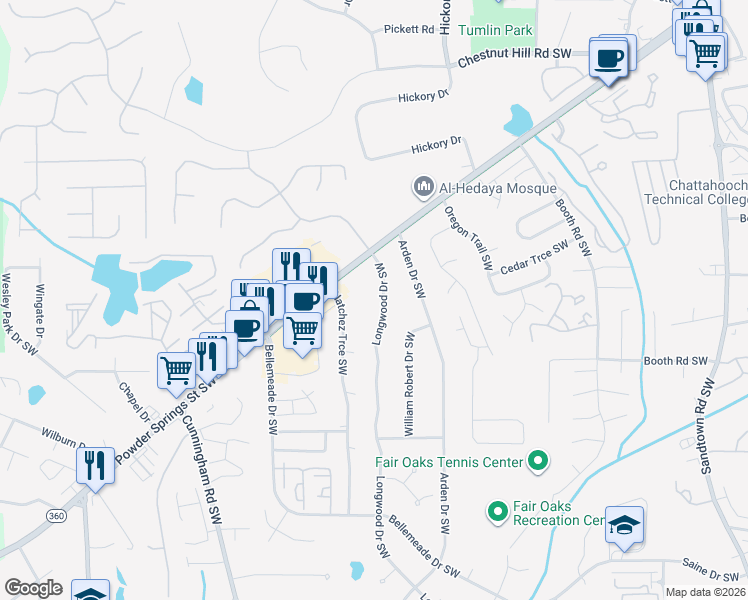 map of restaurants, bars, coffee shops, grocery stores, and more near 1126 Longwood Drive Southwest in Marietta