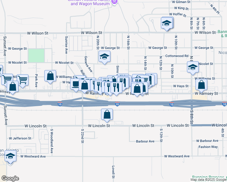map of restaurants, bars, coffee shops, grocery stores, and more near 1801 West Ramsey Street in Banning