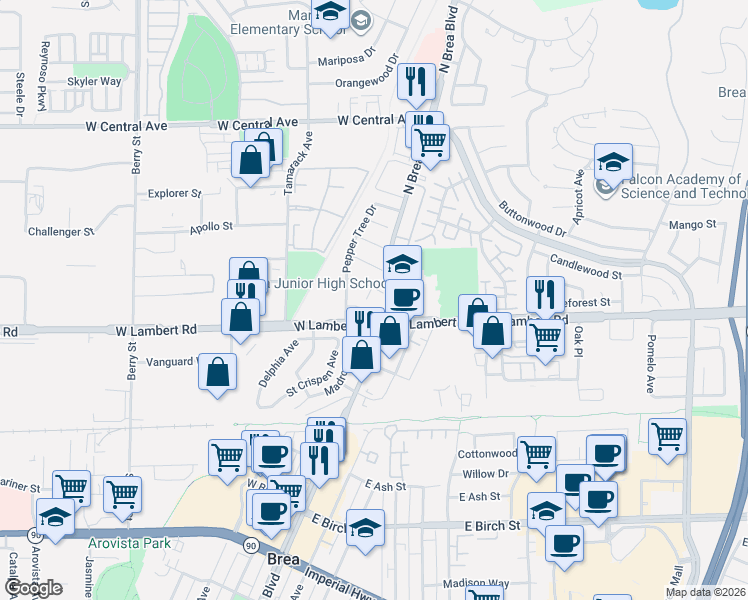map of restaurants, bars, coffee shops, grocery stores, and more near 429 Gum Place in Brea