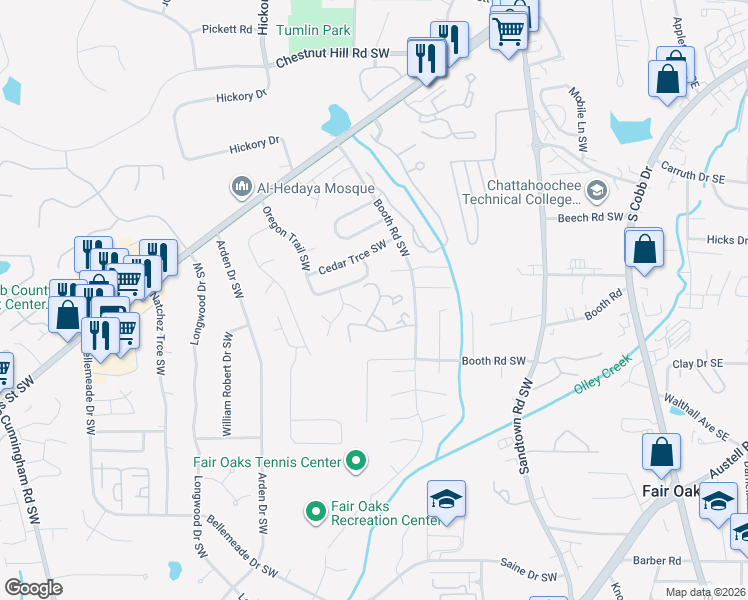 map of restaurants, bars, coffee shops, grocery stores, and more near 551 Picketts Bend Court in Marietta
