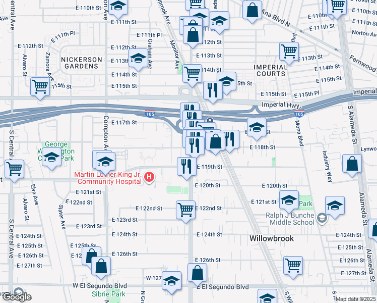 map of restaurants, bars, coffee shops, grocery stores, and more near 11815 Wilmington Avenue in Los Angeles