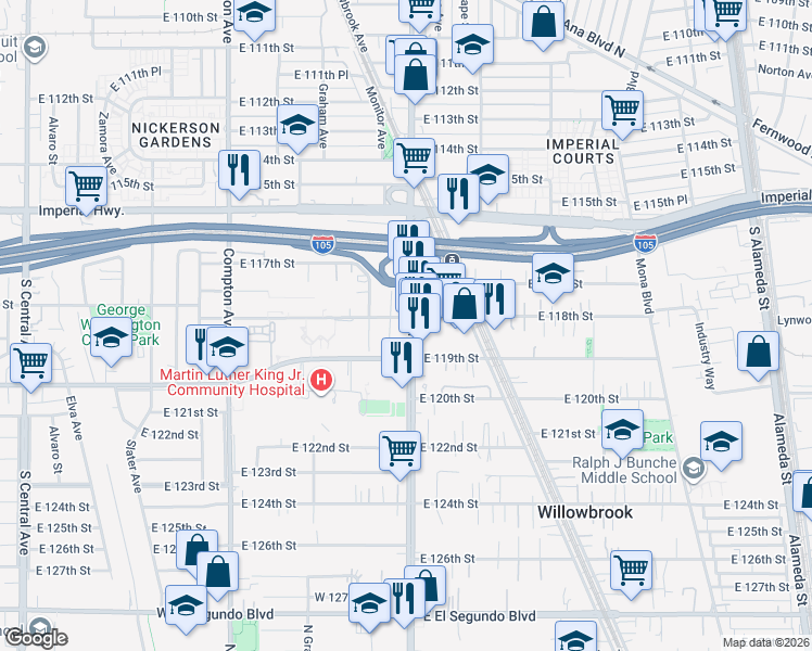 map of restaurants, bars, coffee shops, grocery stores, and more near 11815 Wilmington Avenue in Los Angeles