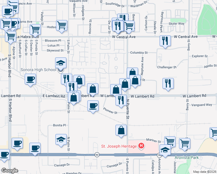 map of restaurants, bars, coffee shops, grocery stores, and more near 521 Forest Lake Drive in Brea