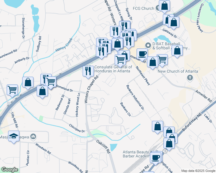 map of restaurants, bars, coffee shops, grocery stores, and more near 1202 Winters Creek Drive in Atlanta