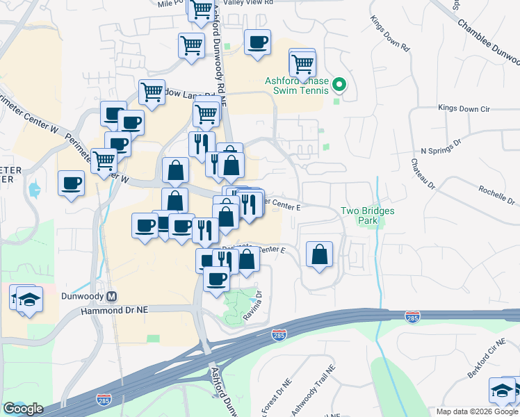 map of restaurants, bars, coffee shops, grocery stores, and more near 11 Perimeter Center East in Dunwoody
