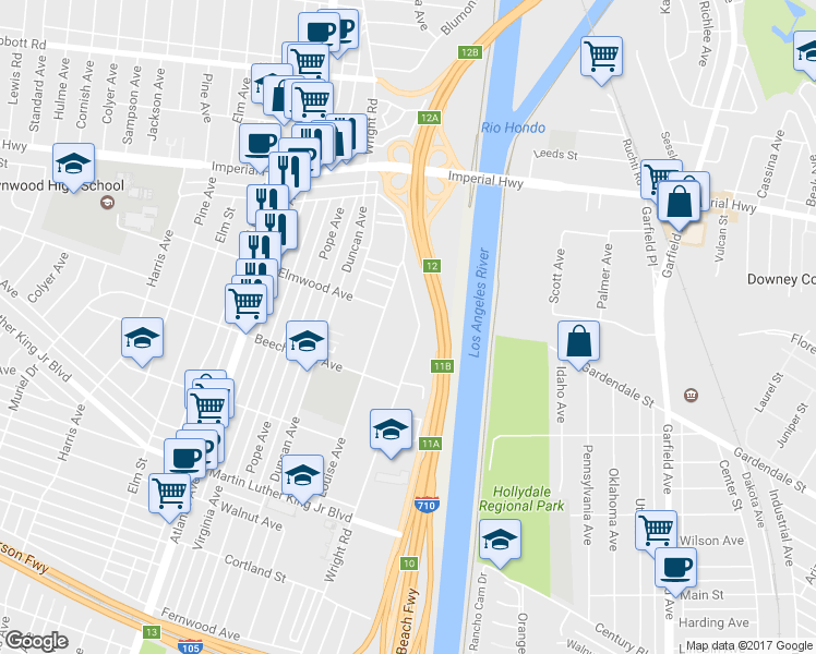 map of restaurants, bars, coffee shops, grocery stores, and more near 11115 Wright Road in Lynwood