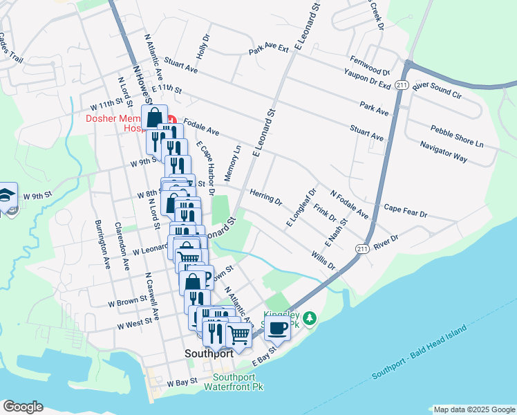 map of restaurants, bars, coffee shops, grocery stores, and more near 319 Willis Drive in Southport