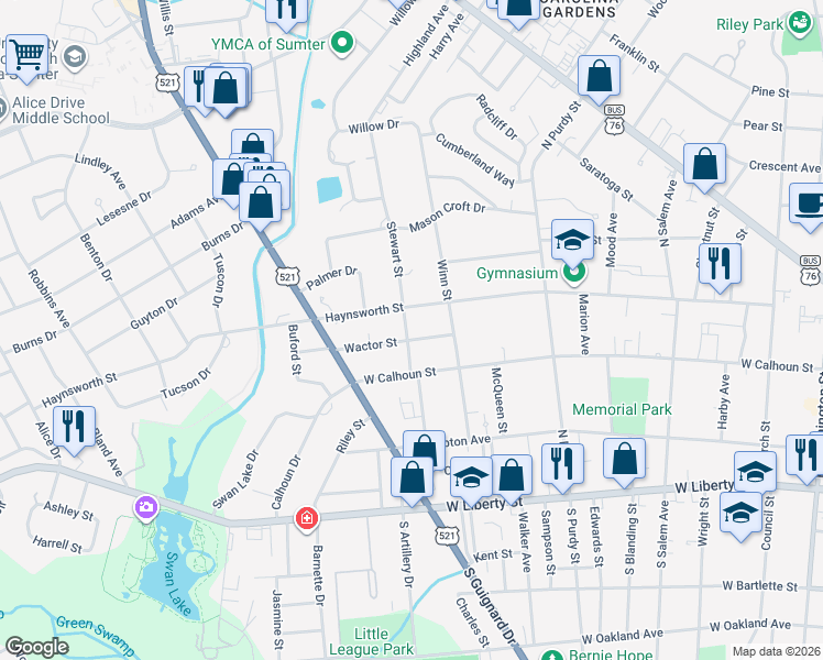 map of restaurants, bars, coffee shops, grocery stores, and more near 101 Wactor Street in Sumter