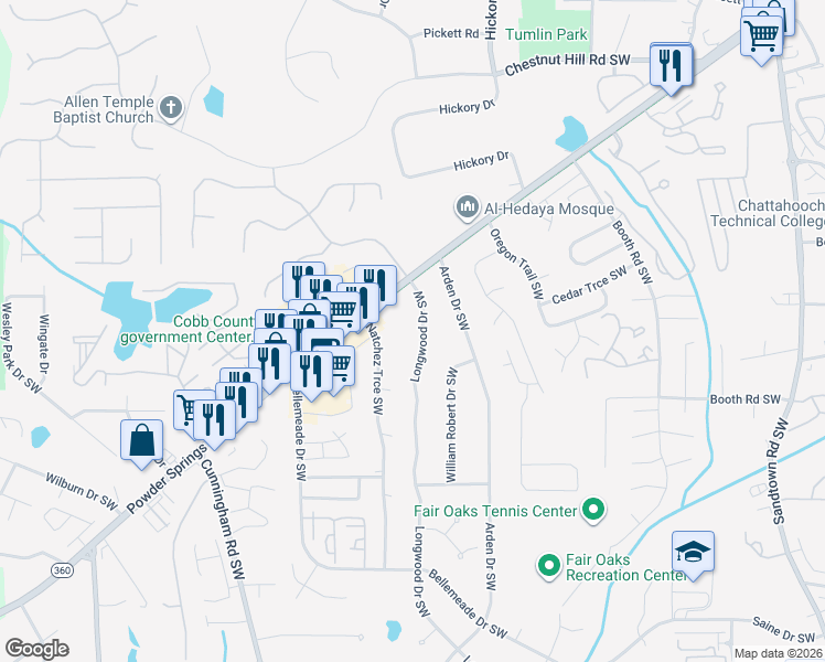 map of restaurants, bars, coffee shops, grocery stores, and more near 1126 Longwood Drive Southwest in Marietta