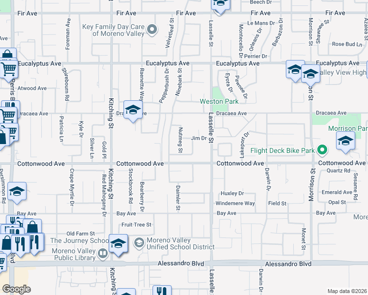 map of restaurants, bars, coffee shops, grocery stores, and more near 13420 Nutmeg Street in Moreno Valley
