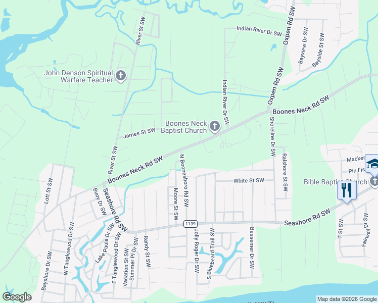 map of restaurants, bars, coffee shops, grocery stores, and more near 2807 Boones Neck Road Southwest in Brunswick County