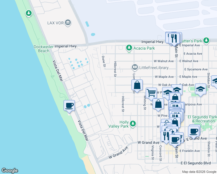 map of restaurants, bars, coffee shops, grocery stores, and more near 716 West Oak Avenue in El Segundo