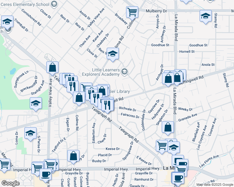 map of restaurants, bars, coffee shops, grocery stores, and more near 14631 Leffingwell Road in Whittier