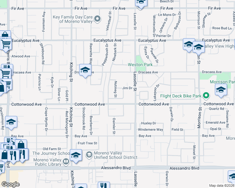 map of restaurants, bars, coffee shops, grocery stores, and more near 13420 Nutmeg Street in Moreno Valley