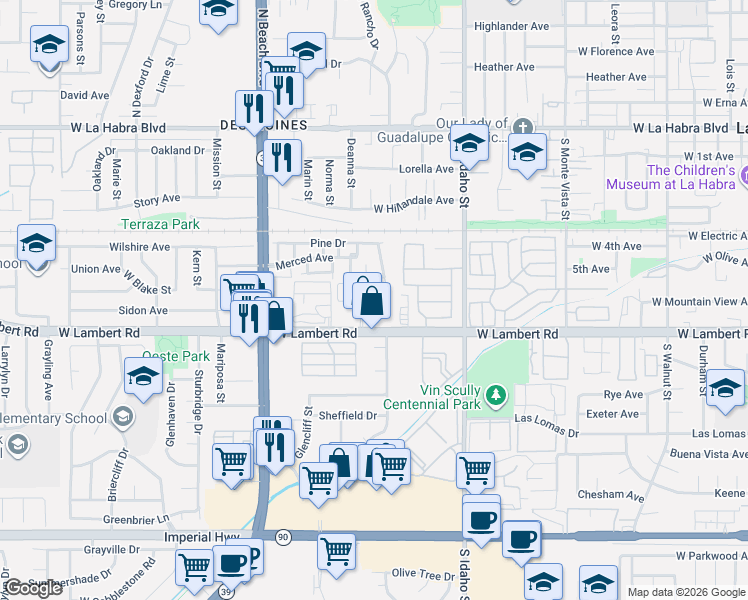 map of restaurants, bars, coffee shops, grocery stores, and more near 1561 West Lambert Road in La Habra
