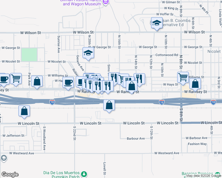 map of restaurants, bars, coffee shops, grocery stores, and more near 1675 W Ramsey St in Banning