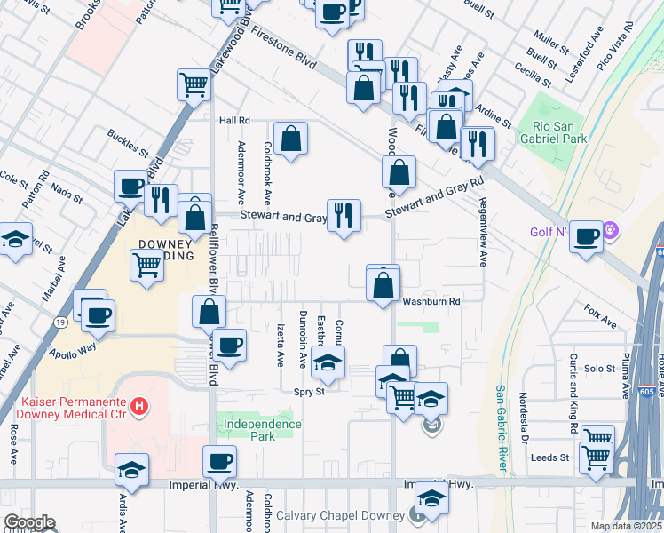 map of restaurants, bars, coffee shops, grocery stores, and more near 9445 Washburn Road in Downey