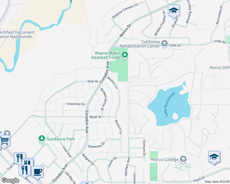 map of restaurants, bars, coffee shops, grocery stores, and more near 3090 Bronco Lane in Norco