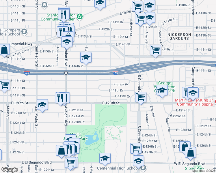map of restaurants, bars, coffee shops, grocery stores, and more near 854 East 118th Place in Los Angeles