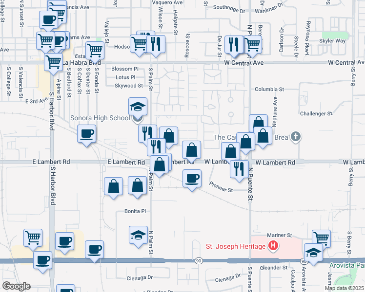 map of restaurants, bars, coffee shops, grocery stores, and more near 2250 Lake Glen Drive in La Habra