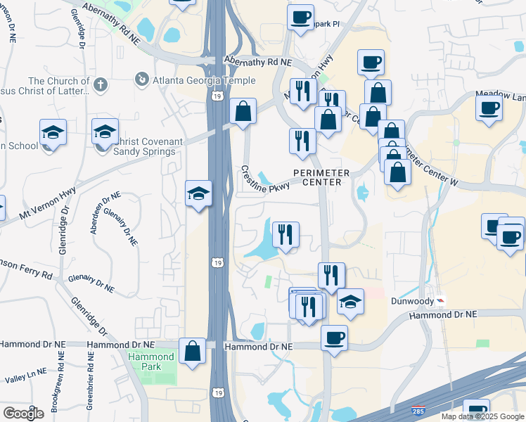map of restaurants, bars, coffee shops, grocery stores, and more near Waterford Court Northeast in Sandy Springs