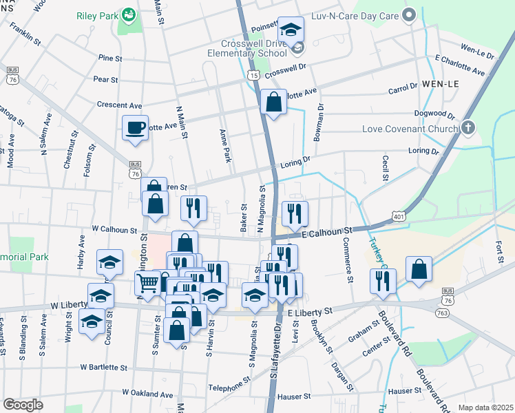 map of restaurants, bars, coffee shops, grocery stores, and more near 1 Myrtle Street in Sumter