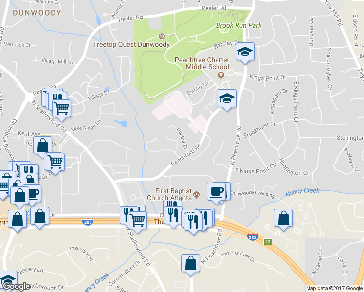 map of restaurants, bars, coffee shops, grocery stores, and more near 301 Dunbar Drive in Dunwoody