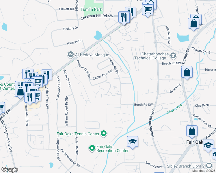 map of restaurants, bars, coffee shops, grocery stores, and more near 340 Jamaica Cove Southwest in Marietta