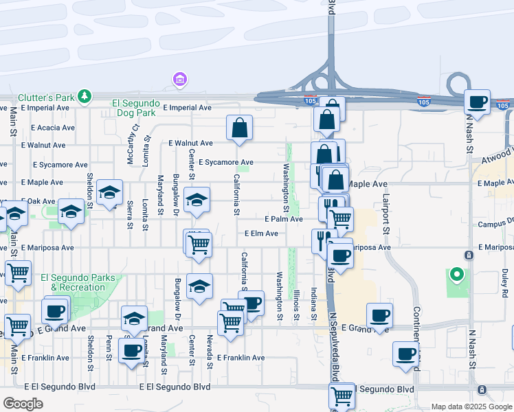 map of restaurants, bars, coffee shops, grocery stores, and more near 1457 East Palm Avenue in El Segundo