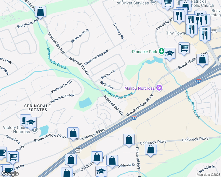 map of restaurants, bars, coffee shops, grocery stores, and more near 5117 Rails Way in Norcross
