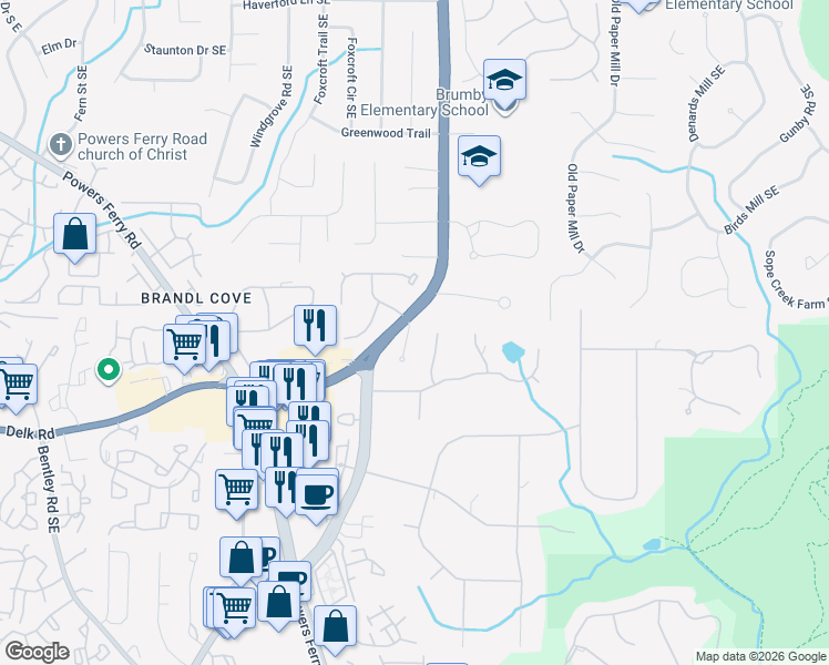 map of restaurants, bars, coffee shops, grocery stores, and more near 1055 Della Street Southeast in Marietta