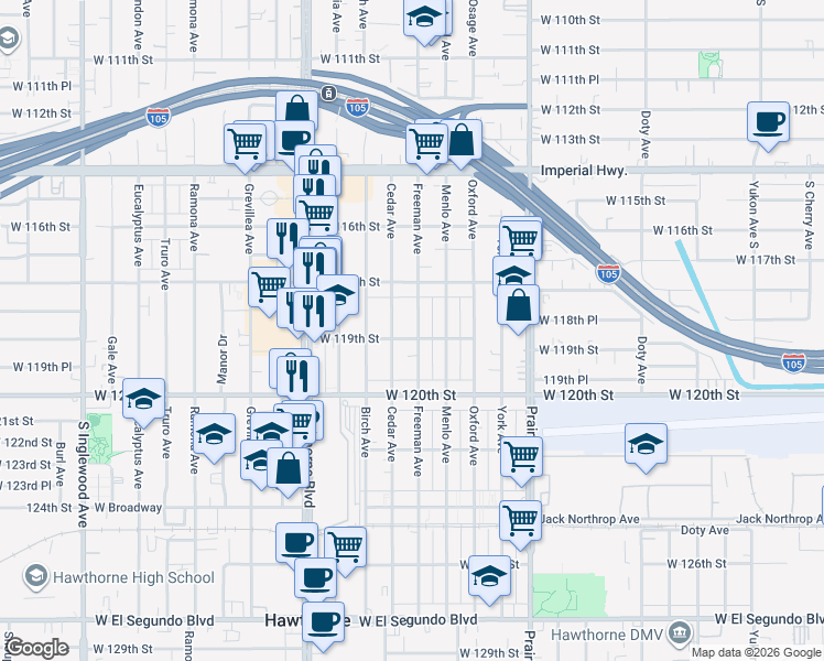 map of restaurants, bars, coffee shops, grocery stores, and more near 11883 Freeman Avenue in Hawthorne