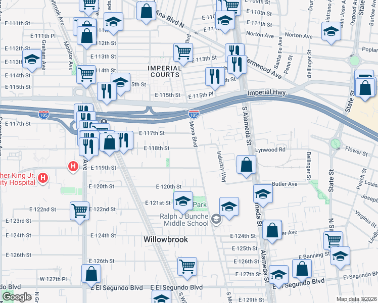 map of restaurants, bars, coffee shops, grocery stores, and more near 2346 East 118th Street in Los Angeles