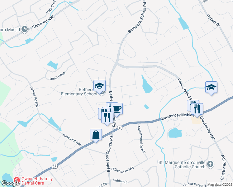 map of restaurants, bars, coffee shops, grocery stores, and more near 534 Bethesda School Road in Lawrenceville