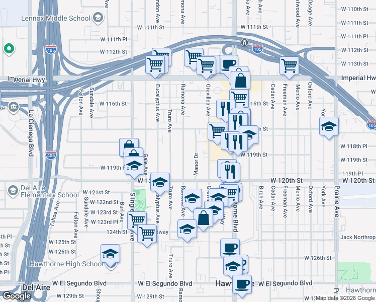 map of restaurants, bars, coffee shops, grocery stores, and more near 11895 Manor Drive in Hawthorne