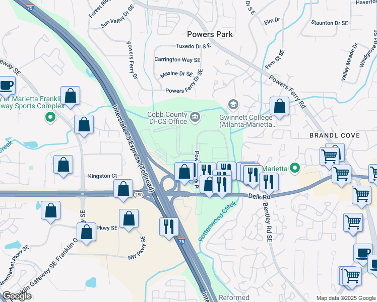 map of restaurants, bars, coffee shops, grocery stores, and more near 2000 Highland Parc Place Southeast in Marietta