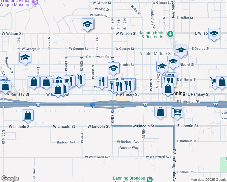 map of restaurants, bars, coffee shops, grocery stores, and more near 887 West Ramsey Street in Banning