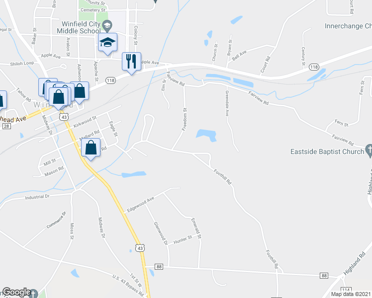 map of restaurants, bars, coffee shops, grocery stores, and more near 625 Foothill Road in Winfield