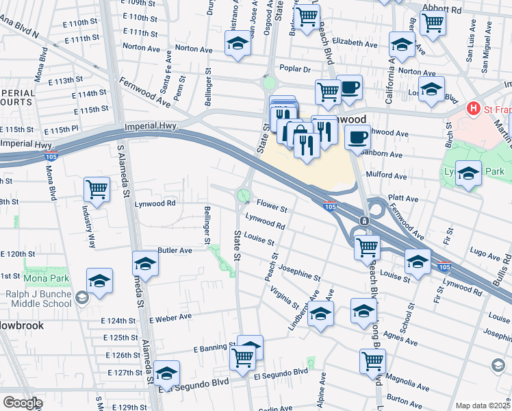 map of restaurants, bars, coffee shops, grocery stores, and more near 3134 Flower Street in Lynwood