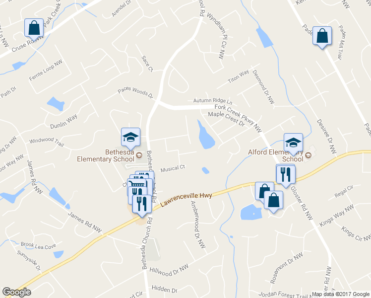 map of restaurants, bars, coffee shops, grocery stores, and more near 2767 Autumn Bluff Way in Lawrenceville