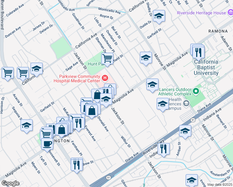 map of restaurants, bars, coffee shops, grocery stores, and more near 9041 Magnolia Avenue in Riverside